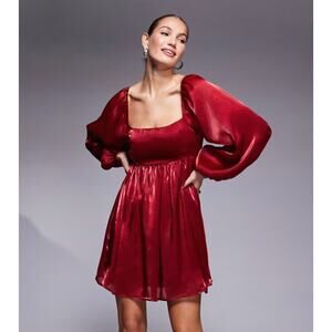 Red Satin Puff Sleeve Babydoll Dress NWT Junior S